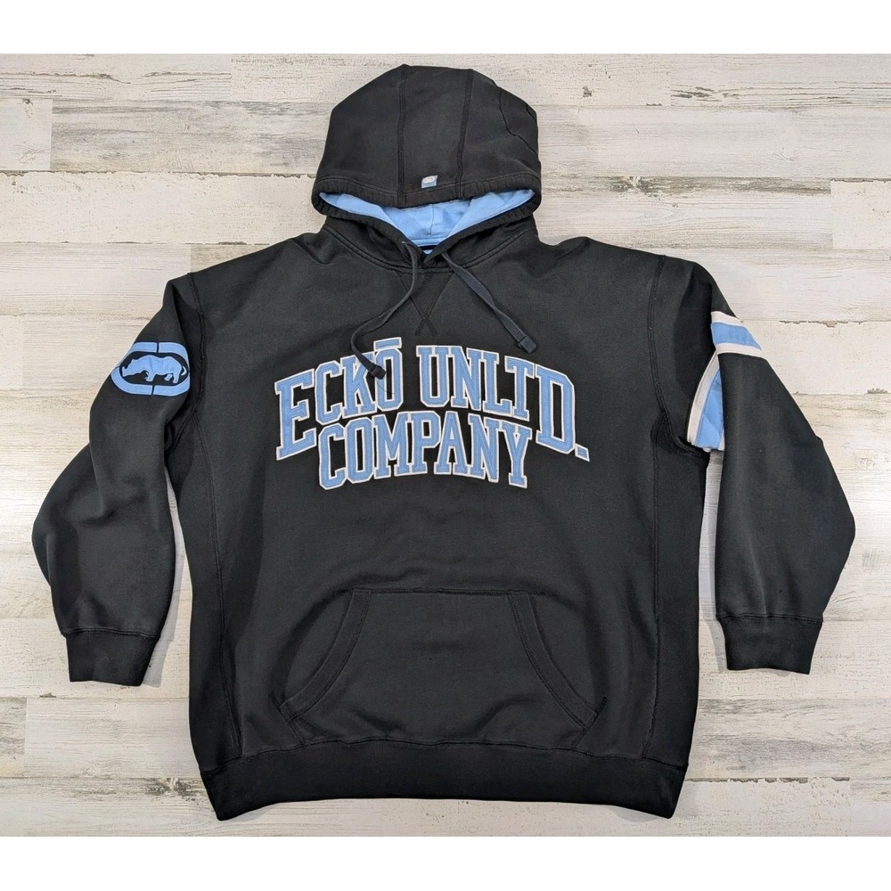 Vintage Y2K Ecko Unltd Hoodie Mens 3XL Embroidered Distressed Black Blue